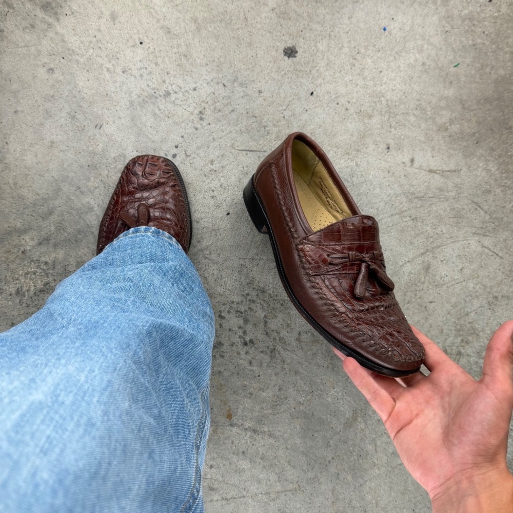 Vintage Polished Brass Boot Mens Brown Leather Tassel Loafers Croc Embossed 9M